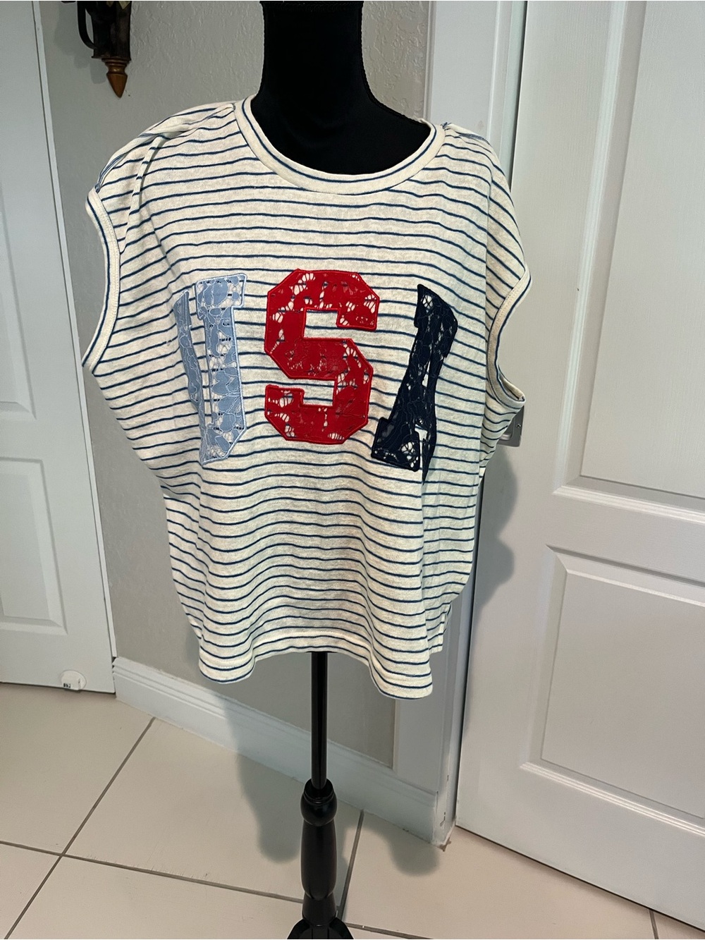 Peach Love California Striped Tank Top - White, Navy & Red USA Appliqué
